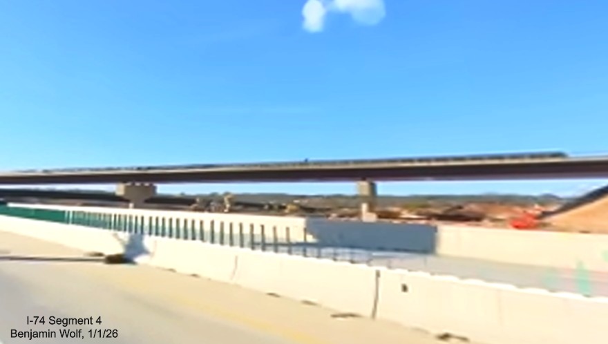 Image of future I-40 West to I-74 East flyover ramp viewed from I-40 East in
Winston-Salem Northern Beltway interchange project work zone, screen grab from Benjamin Wolf video, January 2026