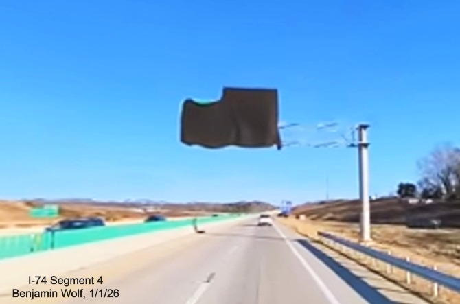Image of covered over overhead sign for Union Cross Road exit on I-40 East in the
Winston-Salem Northern Beltway interchange project work zone, screen grab from Benjamin Wolf video, January 2026