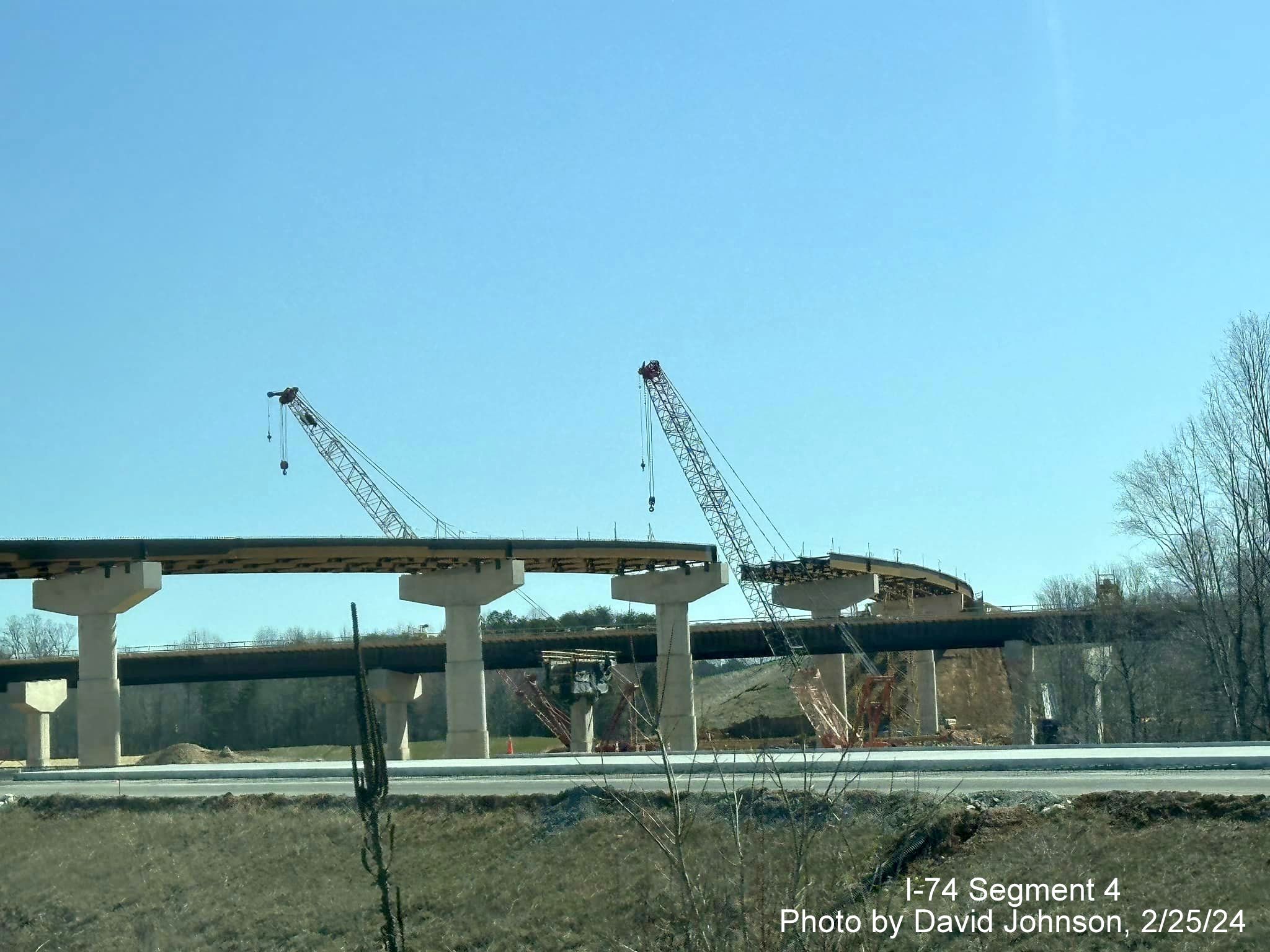 Image of work proceeding on future exit ramp to I-74/Winston-Salem Northern Beltway East from 
        I-40 East in Forsyth County, by David Johnson, February 2024