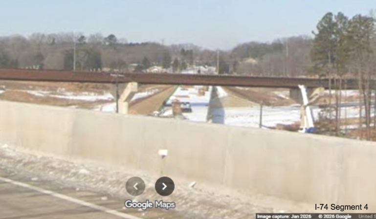 Image of future I-74 West Beltway flyover ramp under construction seen from the
current I-74 West lanes as part of the Winston- Salem Northern Beltway interchange project, screen grab from Google Maps
Street View, January 2026