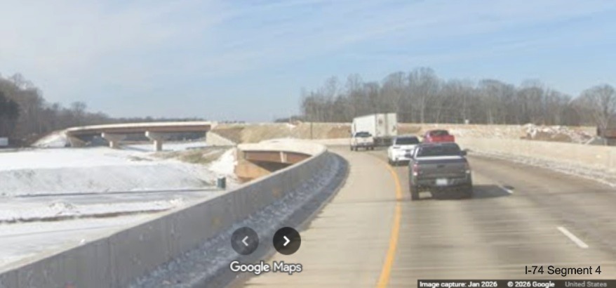 Image from current I-74 West of future I-74 Beltway lanes covered with snow
in the Winston- Salem Northern Beltway interchange project work zone, screen grab from Google Maps Street View, January 2026