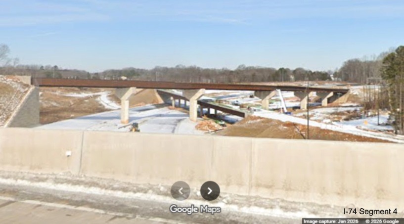 Image of future NC 192 to I-74 West Beltway ramp under construction over the snow
covered future I-74 lanes as part of the Winston- Salem Northern Beltway interchange project, screen grab from Google Maps
Street View, January 2026