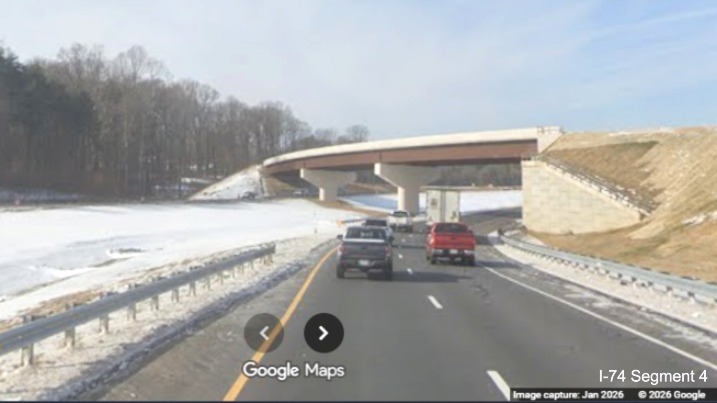 Image of current I-74 West heading under ramp from future NC 192 East to I-74 West
ramp as part of the Winston-Salem Northern Beltway interchange project, screen grab from Google Maps Street View, January
2026