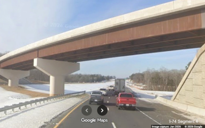 Image of current I-74 West heading under future NC 192 East to I-74 West Beltway
ramp under construction as part of the Winston-Salem Northern Beltway interchange project, screen grab from Google Maps
Street View, January 2026
