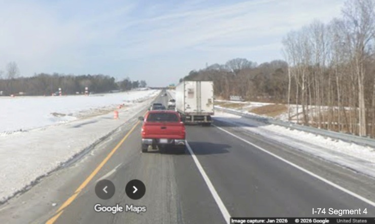 Image of current I-74 West traffic heading towards future ramp from I-74 East under
construction though snow covered as part of the Winston-Salem Northern Beltway interchange project, screen grab from Google Maps
Street View, January 2026