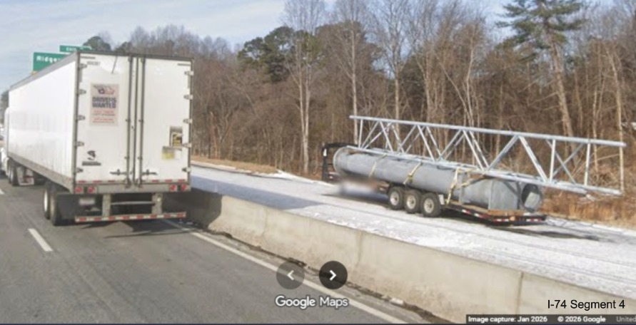 Image of future overhead sign post and supports along current I-74 West prior to the
Ridgewood Road exit as part of the Winston- Salem Northern Beltway interchange project, screen grab from Google Maps Street
View, January 2026