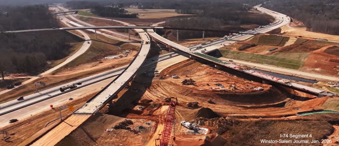 Image over Beltway flyover ramps under construction at I-40 as part of the I-74
Winston-Salem Northern Beltway interchange project, screen grab from Winston-Salem Journal video, January 2026