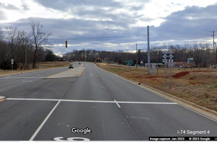 Image of East NC 74 and South NC 66 trailblazers at ramp to Winston-Salem Northern Beltway on
        University Parkway, Google Maps Street View, January 2023