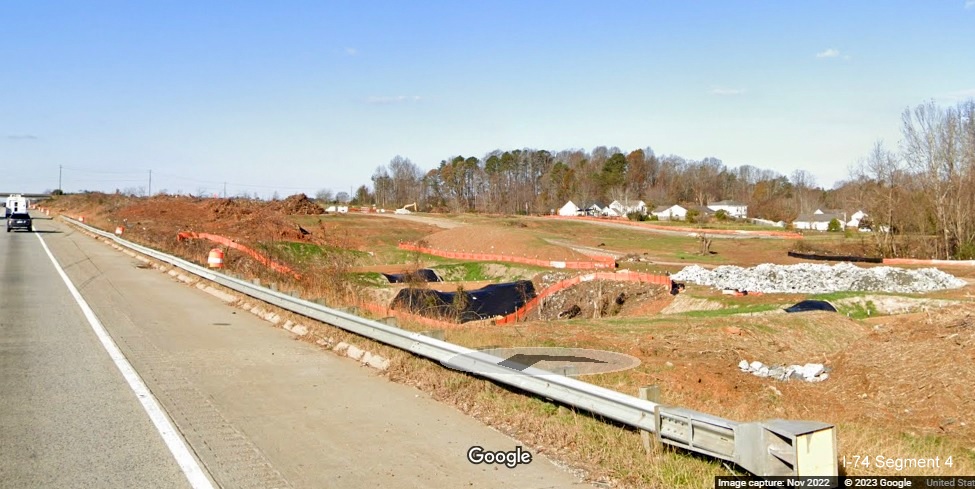 Image of clearing and grading and water runoff management projects along I-40 West lanes for future interchange with I-74/Winston-Salem 
       Northern Beltway in Forsyth County, Google Maps Street View, November 2022