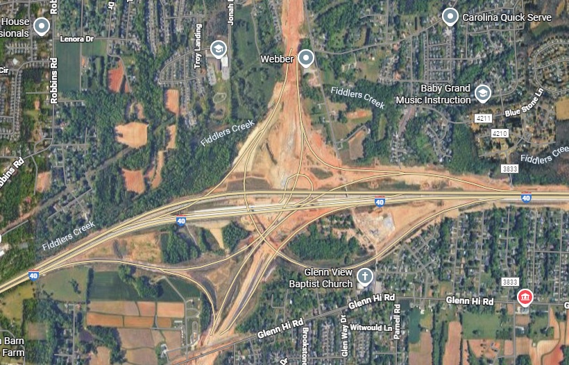 Map of I-40 flyover ramps under construction as part of the I-74 Winston-Salem
Northern Beltway interchange project, Google Maps, January 2026