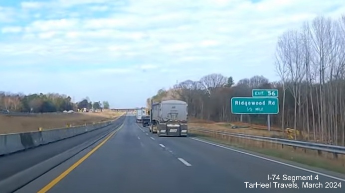 Image of current I-74 West approaching future ramp from Northern Beltway East, from 
        video by TarHeel Travels, March 2024