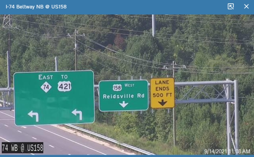 NCDOT traffic camera image of closeup of on-ramp signage on US 158 at NC 74 (Future I-74) Winston-Salem Northern Beltway, September  2021