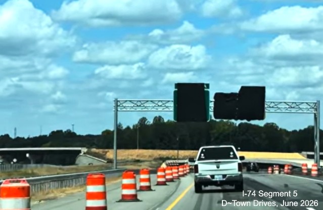 Image of covered over overhead signage on I-74 West beyond the future NC 192
exit at Beltway, D~Town Drives, June 2026
