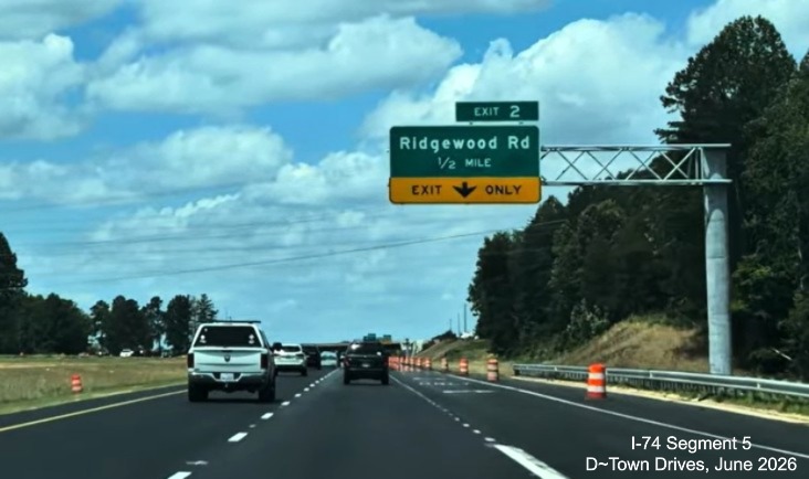 Image of overhead ramp sign on future NC 192 West for the Ridgewood Road exit on
newly completed lanes, D~Town Drives, June 2026