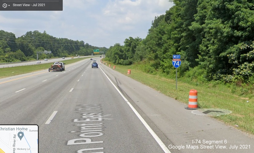 West I-74 reassurance marker after Greensboro Road exit no longer paired with US 311 South, Google Maps Street View image, July 2021