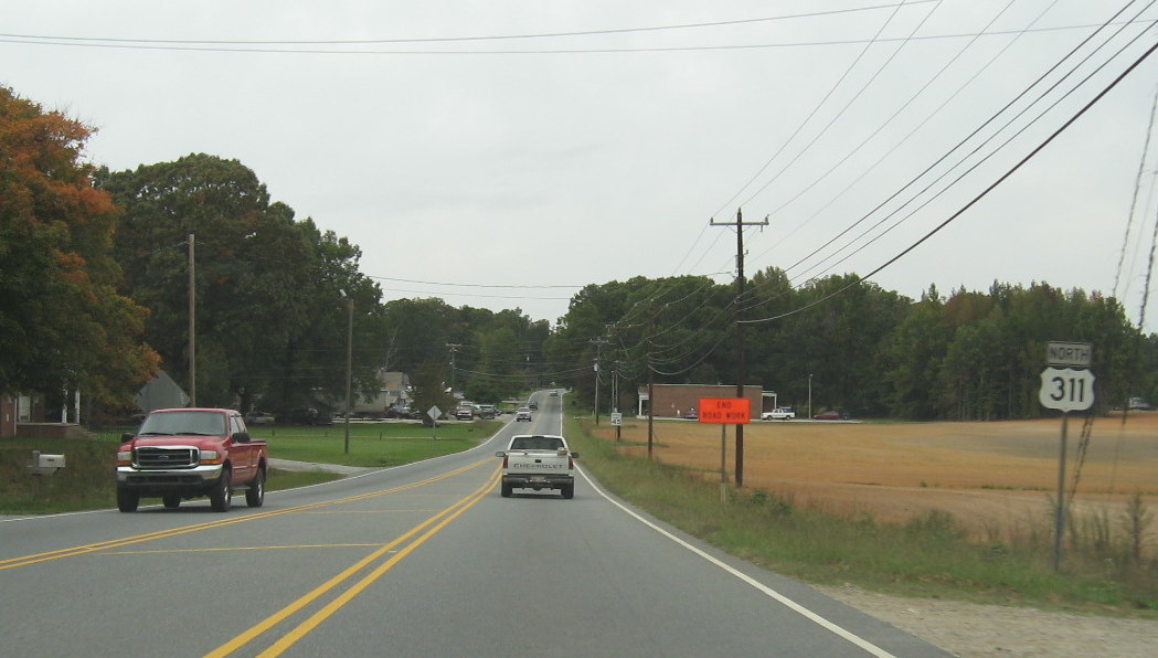 Photo of 'End Construction' sign put up along US 311 in Sophia in advance of 
I-74 freeway construction, Oct. 2009