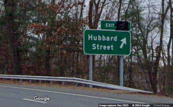 Image of ground mounted ramp sign for Hubbard Street exit with new milepost based exit number 
      covered over on CT 17 South in Glastonbury, Google Maps Street View, December 2023