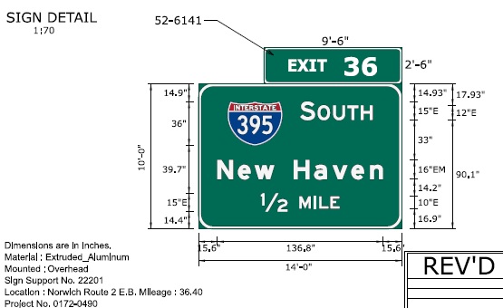 Image of ConnDOT sign plan of 1/2 mile advance for I-395 South on CT 2 East to be placed in 2022
