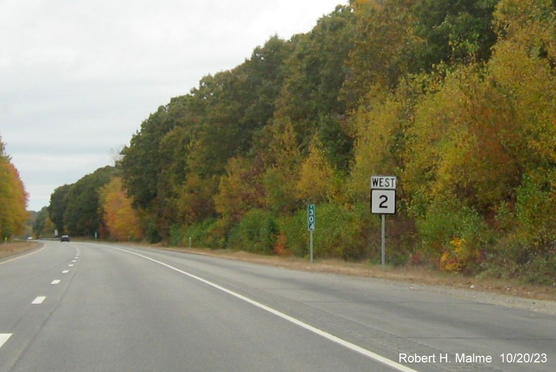 Image of new West CT 2 West mile marker in front of one of he newly installed mile markers 
      after the Gilman/Lebanon exit, October 2023