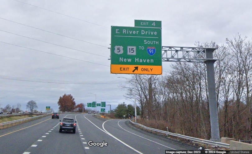 Image of new overhead ramp sign for US 5/CT 15 exit on CT 2 West in East Hartford, Google Maps Street View, December 2023