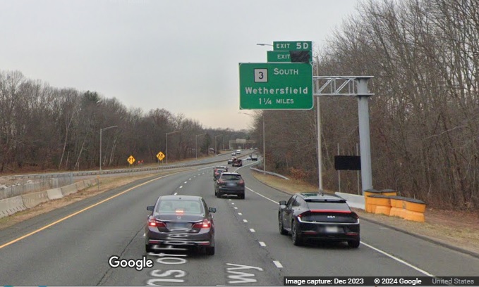 Image of new overhead 1/2 mile advance sign for CT 3 South exit with added exit tab from old exit and covered future milepost based exit number on CT 2 West in Glastonbury, Google Maps Street View, December 2023