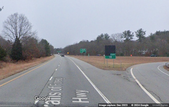 Image of new gore sign for CT 66 exit with new milepost based exit number hidden on CT 2 East in 
      Marlborough, Google Maps Street View, December 2023