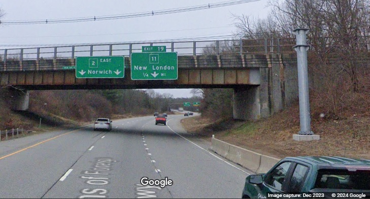Image of new gantry for future CT 11 South exit sign on CT 2 East in Marlborough, Google Maps Street View, 
      December 2023