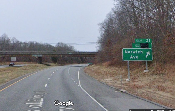 Image of new ground level ramp sign for Norwich Avenue exit on CT 2 East in Colchester, Google Maps Street View, 
      December 2023