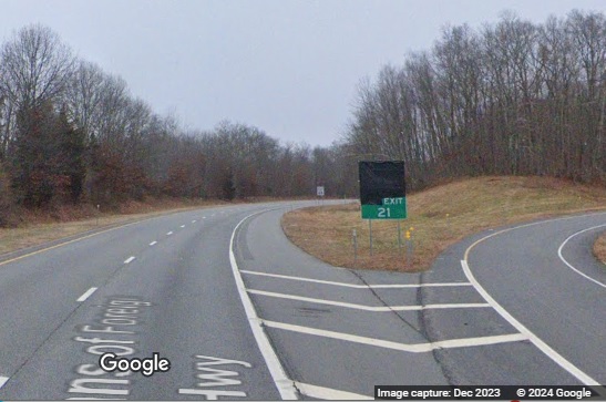 Image of new gore sign for Norfolk Avenue exit on CT 2 East in Colchester, Google Maps Street View, 
      December 2023