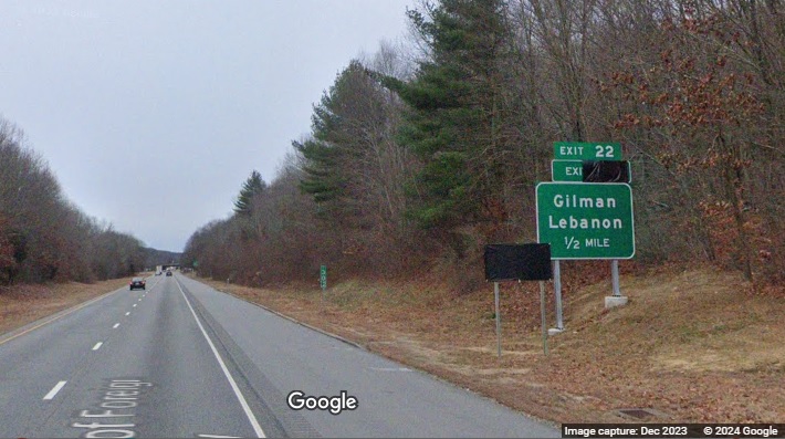 Image of new advance sign for Gilman/Lebanon exit on CT 2 East with future exit number covered, Google 
      Maps Street View, December 2023