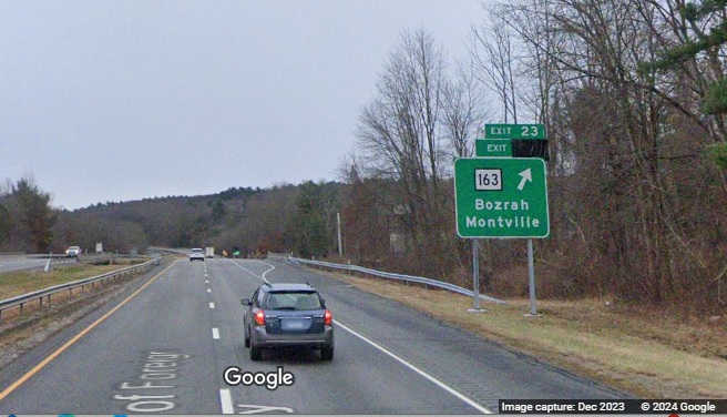 Image of new ramp sign for CT 163 exit on CT 2 East in Bozrah, Google Maps Street View, 
      December 2023