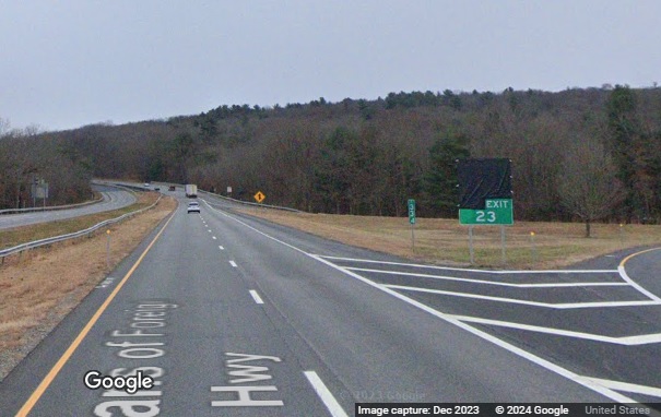Image of new gore sign for CT 163 exit on CT 2 East in Bozrah, Google Maps Street View, 
      December 2023