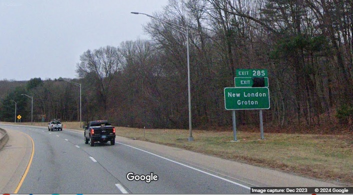 Image of new auxiliary sign for I-395 South exit on CT 2 East/CT 32 South in Norwich, Google Maps Street View, 
      December 2023