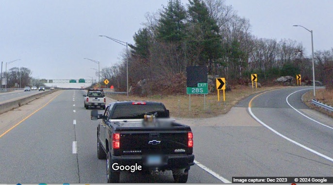 Image of new gore sign for I-395 South exit on CT 2 East in Norwich, Google Maps Street View, 
      December 2023