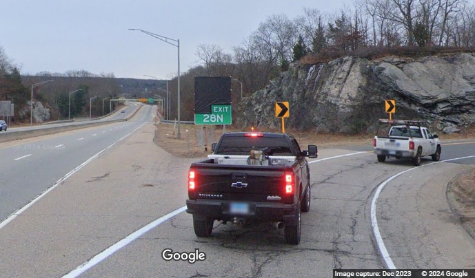 Image of new gore sign for I-395 North exit on CT 2 East in Norwich, Google Maps Street View, 
      December 2023