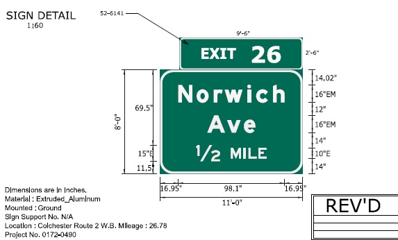 Image of ConnDOT sign plan for 1/2 mile advance for Norwich Ave on CT 2 West for placement in 2022