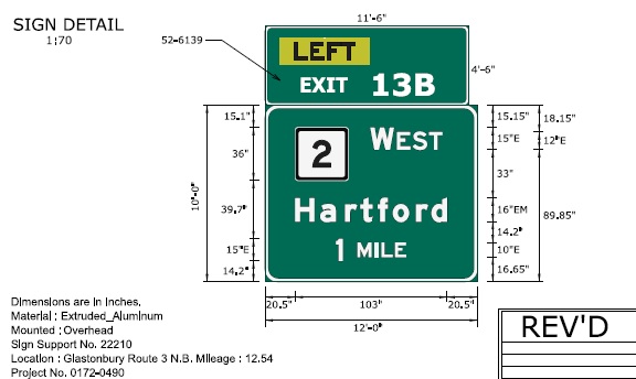 Image of ConnDOT sign plan of 1 mile advance for CT 2 West on CT 3 North to be placed in 2022