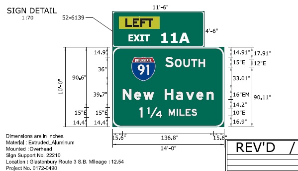 Image of ConnDOT sign plan for 1 1/4 Miles advance sign for I-91 South on CT 3 South to be placed in 2022