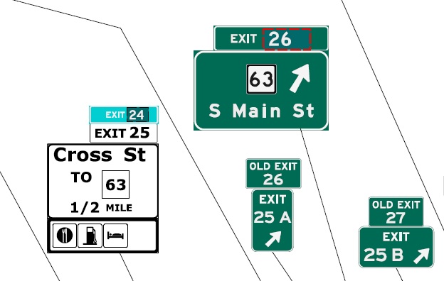 CTDOT sign plan image of exit renumbering for CT 63 and Cross Street exits on CT 8 North in Naugatuck, July 2022