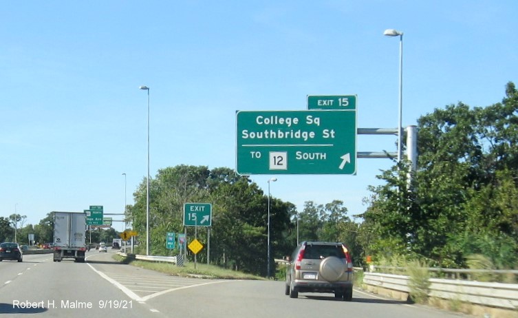 Image of overhead ramp sign for College Square exit with new milepost based exit numbers on I-290 West in Worcester, September 2021