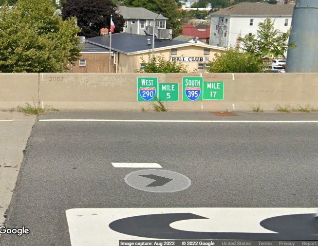 Image of dual mile markers installed along bridge wall on I-290 West in Worcester, Google Maps Street View image, August 2022