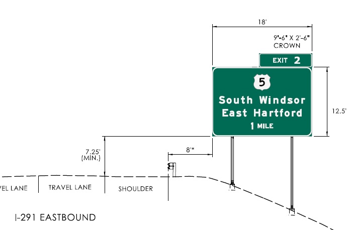 Plan image of new milepost exit number 1 mile advance sign for US 5 exit on I-291 East, CTDOT, February 2024