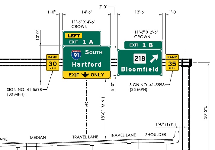 Plan image of new milepost based exit number overhead ramp signage for I-91 South and CT 218 exits at end of I-291 West, CTDOT, February 2024