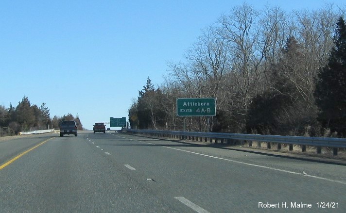 Image auxiliary sign for I-95 Exits with new milepost based exit numbers I-295 North in North Attleborough, January 2021
