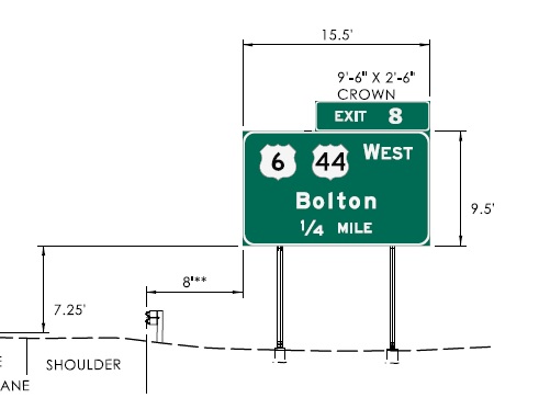 CTDOT sign plan image for new 1/4 Mile advance sign for US 6/US 44 West exit with new milepost based exit number at start of I-384 West, September 2023