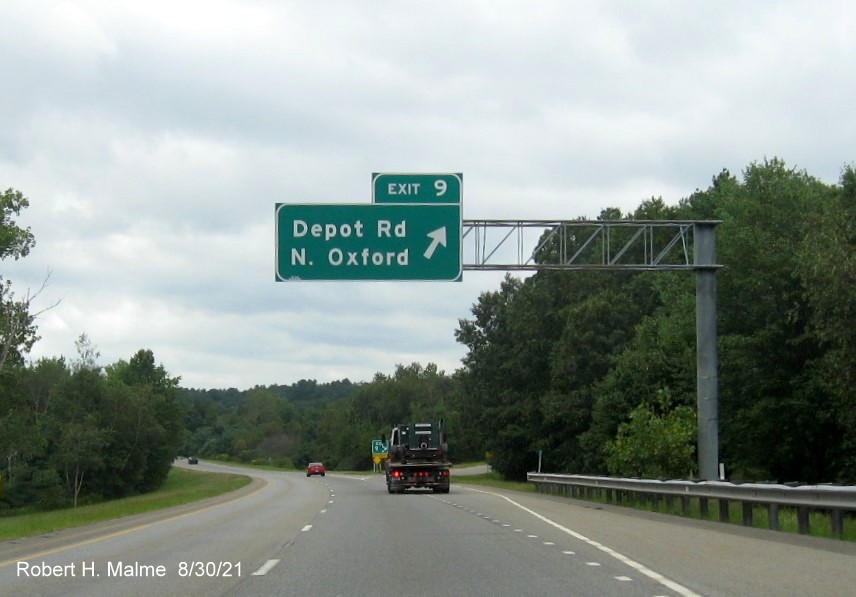 Image of overhead exit sign for Depot Road exit with new milepost based exit number on I-395 South in Oxford, August 2021