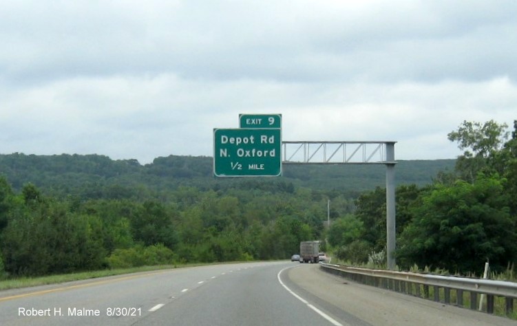 Image of 1/2 Mile advance overhead sign for Depot Road exit with new milepost based exit number on I-395 North in Oxford, August 2021