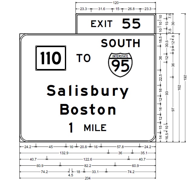 MassDOT plan for 1 mile advance overhead sign for MA 110 to South I-95 exit on I-495 North in Amesbury