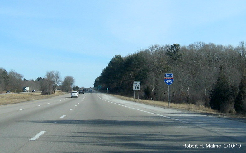 Image of recently place South I-495 reassurance marker following I-95 exit in Mansfield in Feb. 2019