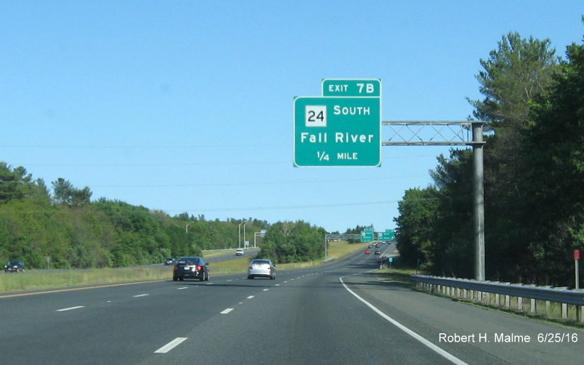 Image of recently placed 1/4 mile advance sign for MA 24 South exit on I-495 South in Bridgewater in June 2016